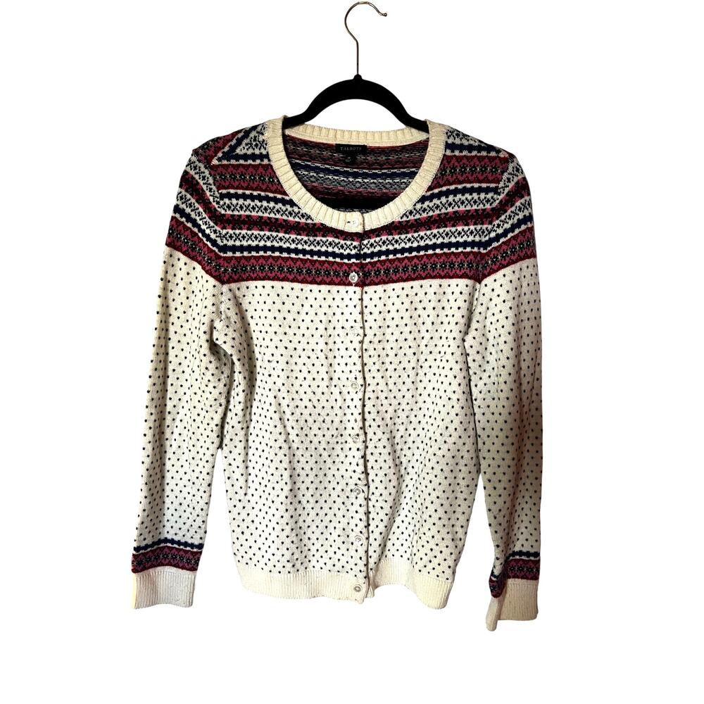 Talbots Lambs Wool Blend Fair Isle Cardigan White Blue Pink SZ PM